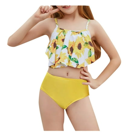 

nsendm 7 Year Old Swimsuit Girl Swimsuit Bathing Holiday Piece Bikini Set SunFlower Print Two Suit Cute 1 Apparel Yellow 150