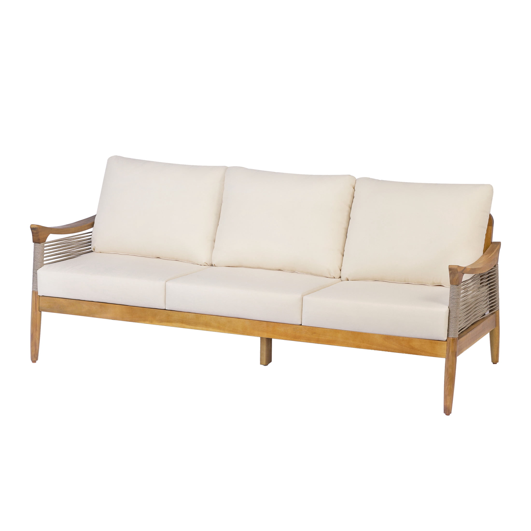 Christopher Knight Home Acacia Wood Outdoor 3-Seater Sofa with Woven Rope Arms, Beige Cushions, Teak