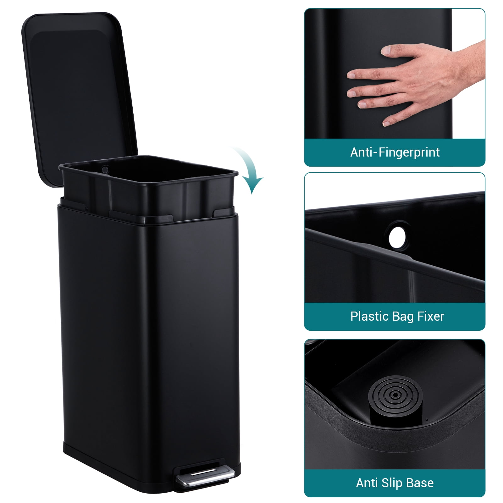 Gaderth 13 Gallon Step Trash Can, Stainless Steel Kitchen Garbage Bin with Soft-Close Lid & Removable Inner Bucket, Fingerprint-Resistant Slim Rectangle Design for Narrow Spaces
