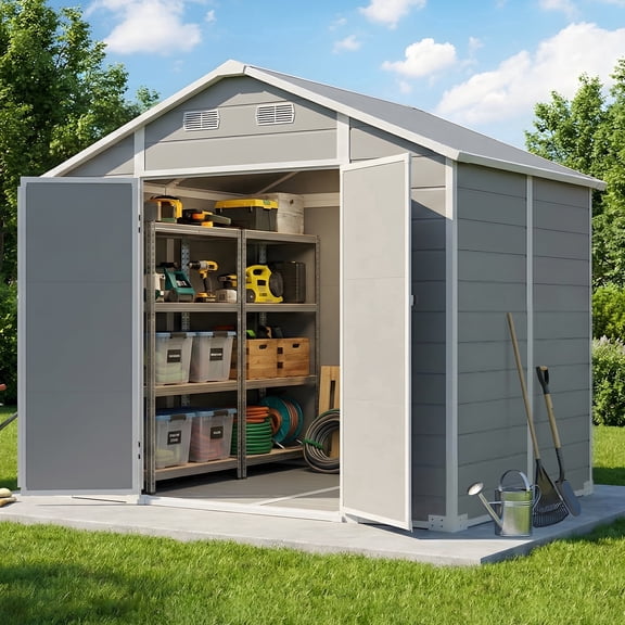 8x6 FT Outdoor Resin Storage Shed with Floor, Lockable Double Door & Ramp, Waterproof Plastic Garden Shed with Window & Vents for Patio Backyard Grey