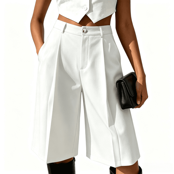 Asgosdo Women Bermuda Shorts Button High Waisted Wide Leg Formal Business Office Short with Pockets