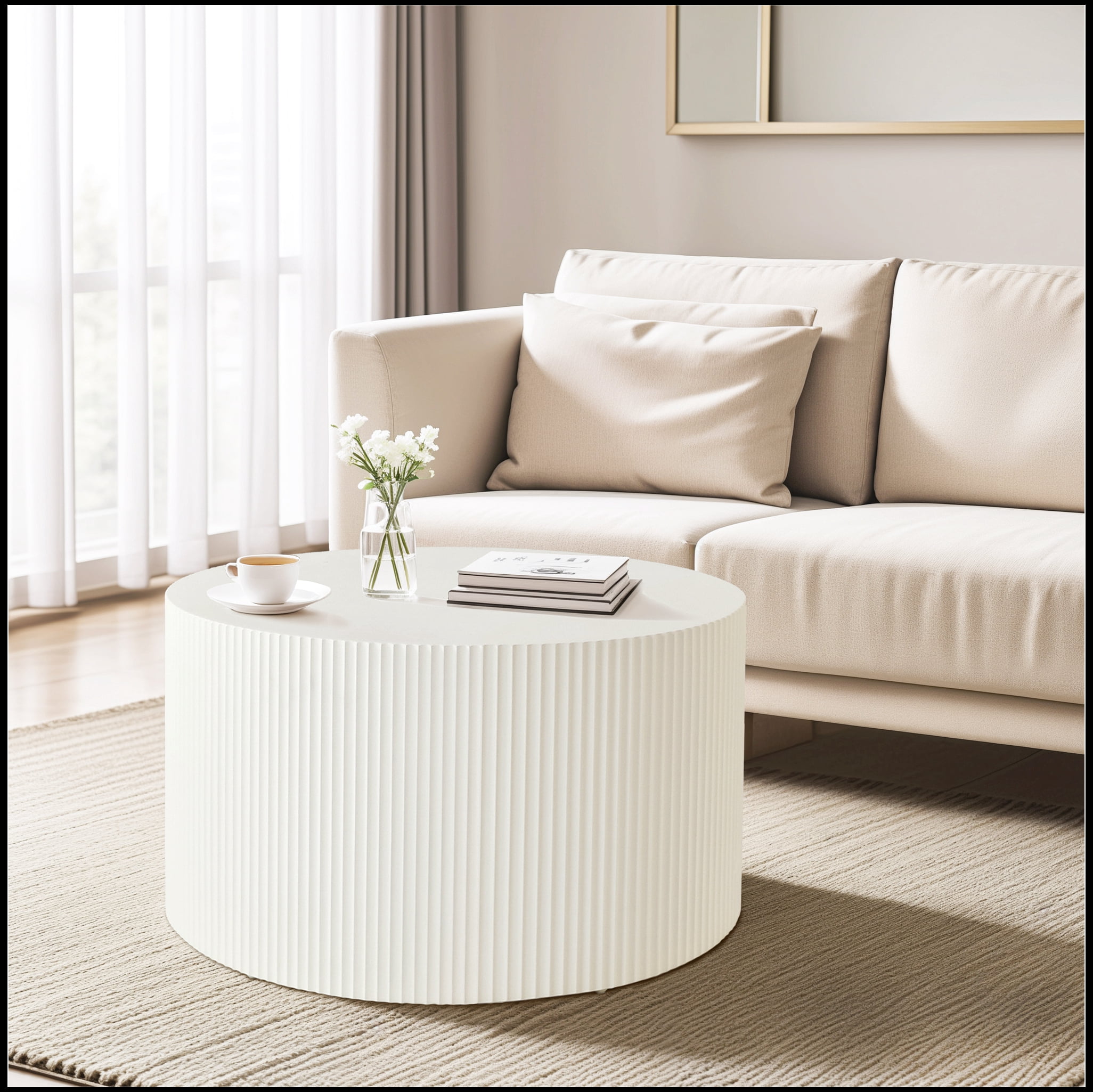 Vertical Stripe Design Nesting Coffee Table Set for Living Room, Bedroom, Beige(Set of 2 Pieces)