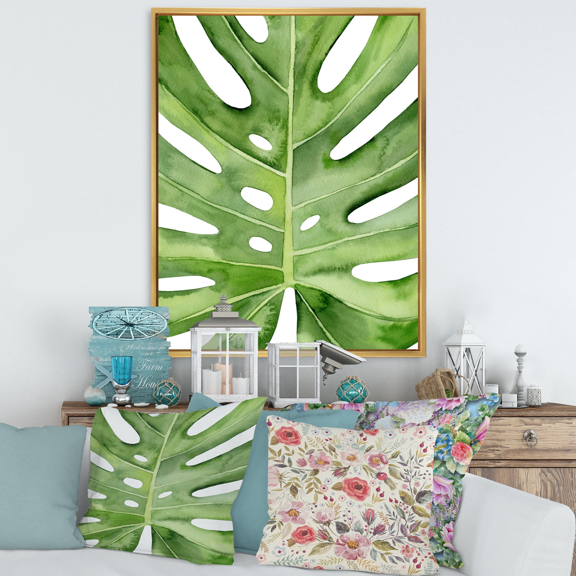 Designart 'Close Up Green Monstera Leaf Tropical Palm' Tropical Framed Canvas Wall Art Print