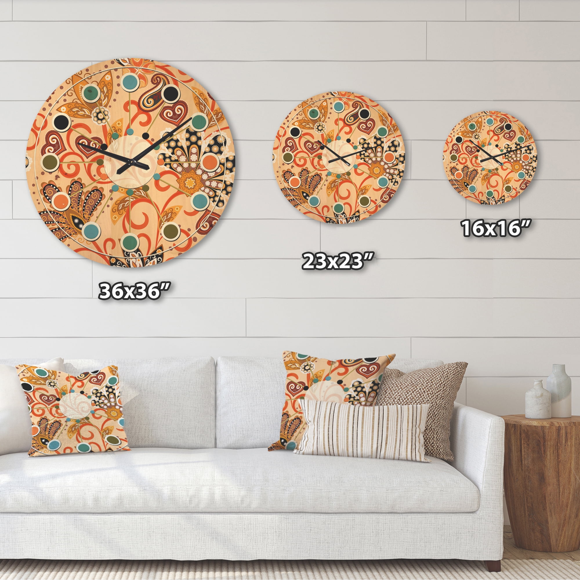 Designart 'Indian Floral Batik Retro II' Mid-Century Modern Wood Wall Clock