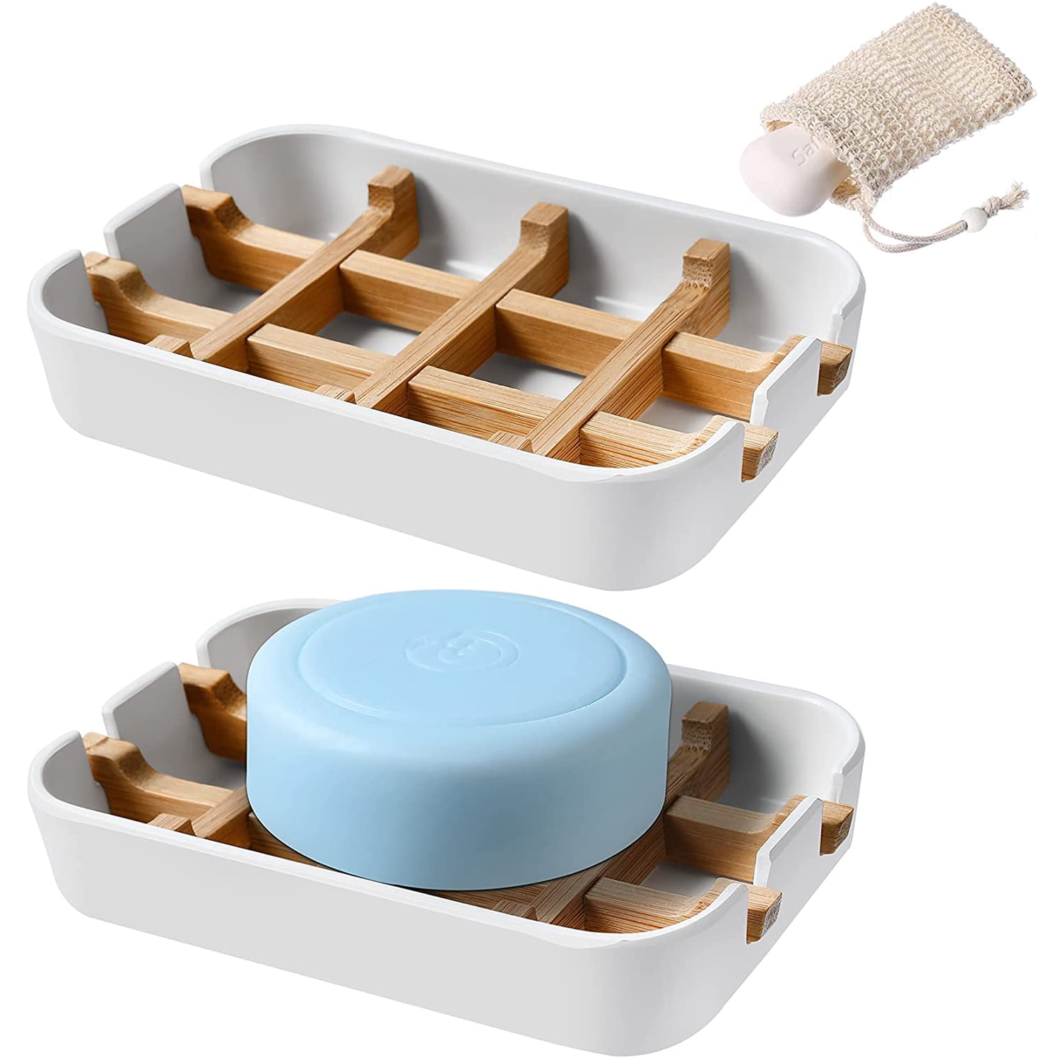 Two Pack Wooden Soap Dishes for Bathroom Bar Soap Holder Shower Soap Holder  Sink Deck Bathtub Shower Tray (Two Pieces White) 
