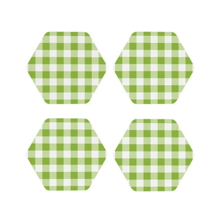 

Fuzoiu White Green Plaid Print Leather Coasters Set Drink Coasters Set of 4 for Tabletop Protection Durable PVC Coasters Home Décor and Housewarming Gift-Hexagon