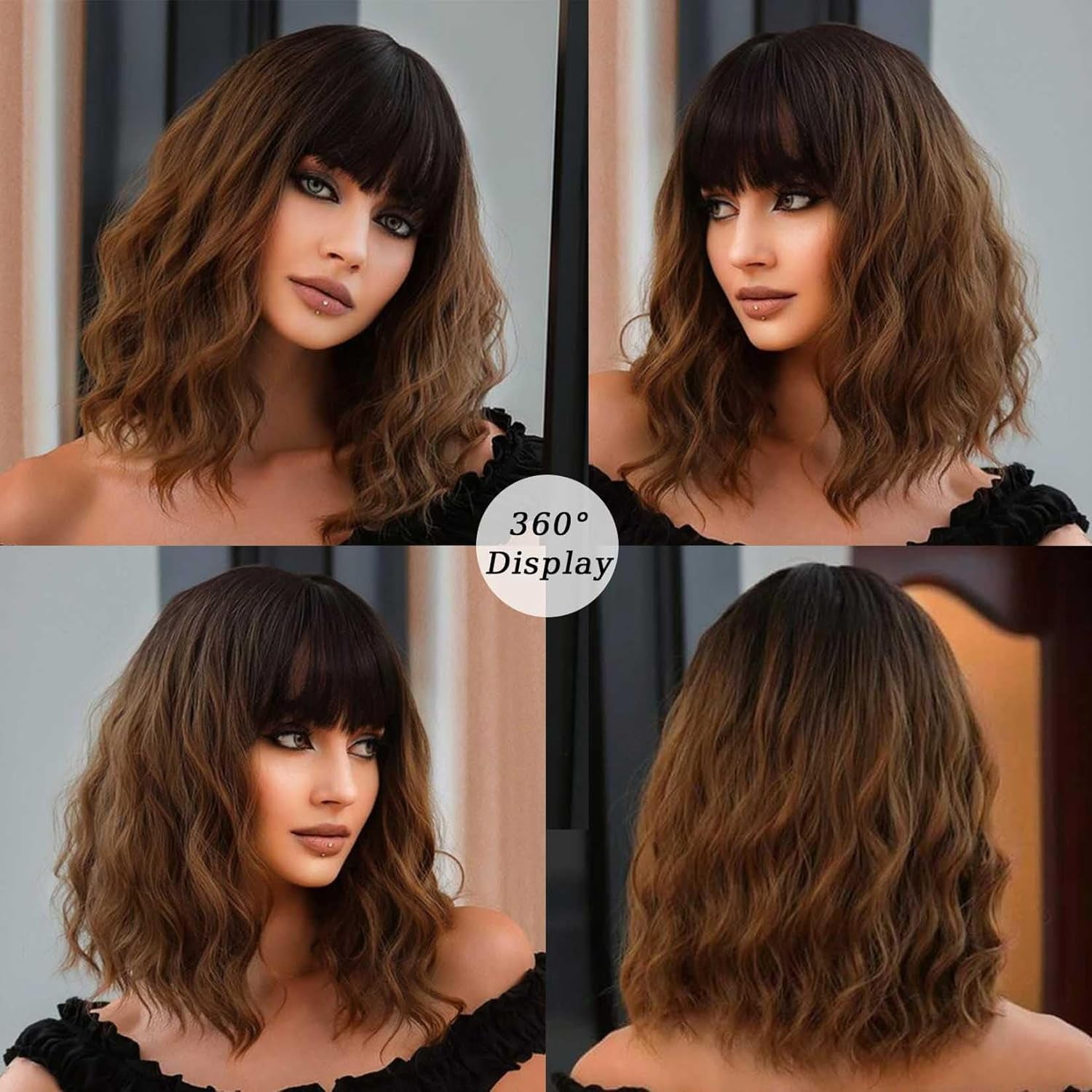 SUCS Black Wavy Wig with Bangs Soft Short Bob Wigs for Women Synthetic Shoulder Length Women's Curly Wigs