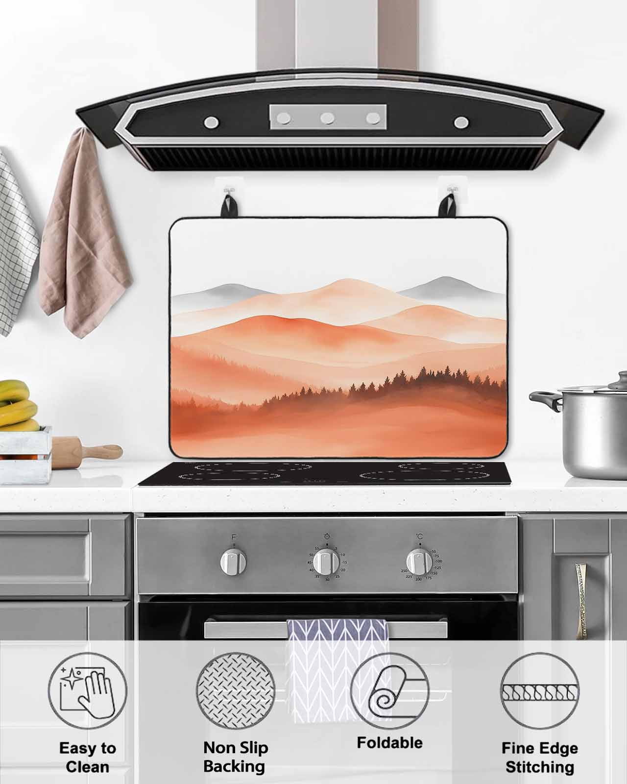 nqOlkjepod Large Induction Cooktop Protector Mat 24"x21", Orange Grey Mountains Stove Top Covers for Electric Stove, Modern Geometric Forest Trees Stove Burner Cover Mats, Glass Top Stove Cover