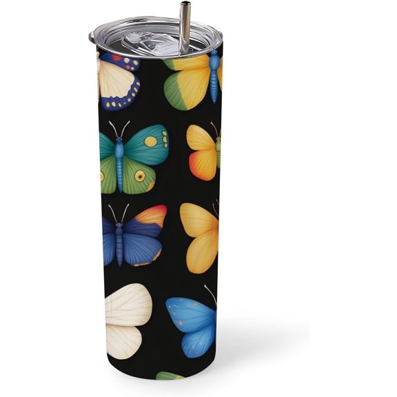 Rainbow butterfly tumbler with lid and straw 20 oz insulated tumbler cups Rainbow butterfly insulated travel coffee mugs for women cute sippy cups stainless insulated travel cups