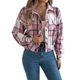 thumbnail image 3 of Women'S Long Sleeve Cropped Flannel Plaid Shacket Button Down Plaid Crop Short Jacket Coat Pink S, 3 of 10