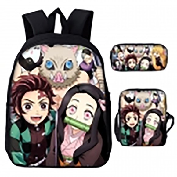 Mochila Dem@@2on Slayer, juego de 3 piezas: mochila para portátil con estuche para lápices y bolsa para el almuerzo.