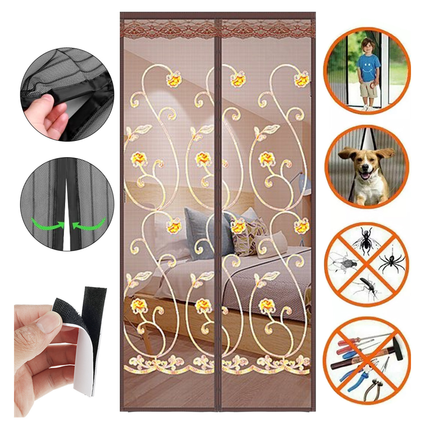 Screen Door 32"x82", Self Sealing, Heavy Duty, Hands Free Mesh