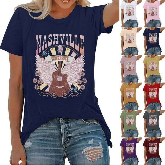 QHWAUAKFBN T Shirts For Women Trendy Graphic Country Music Shirt Vintage Tennessee Graphic Rodeo Western Short Sleeve Tee Tshirts Top