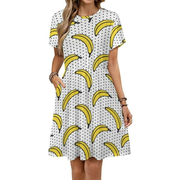 Cute Yellow Banana Short Sleeve Dress Women Summer Evening Dresses Ladies Sundress