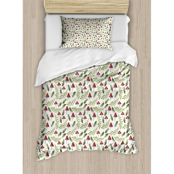 Mushroom Duvet Cover Set Watercolor Pattern Green Leaves Forest Mushroom Duvet Cover Set Watercolor Pattern Green Leaves Forest Elements Botanical Woodland Theme Decorative Bedding With Pillow Shams Reseda