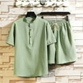 thumbnail image 5 of USNSM Men's Plus Size Linen T-Shirt&Shorts 2 PC Sets Stand Neck Half Button Short Sleeve Pullover Shirt & Lace-Up Elastic Waist Short Pants Homewear Suits Casual Beach Outfits Green 5XL, 5 of 5
