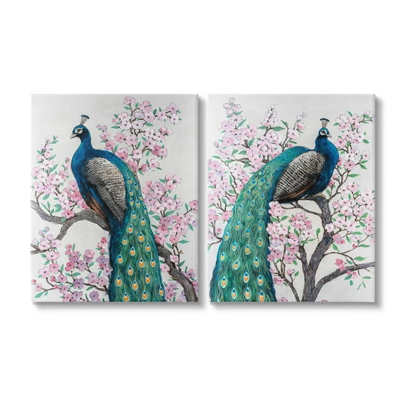 Stupell Industries Floral Peacocks Perched Animals & Insects Painting Gallery Wrapped Canvas Art Print Wall Art, 16 x 20, Set of 2