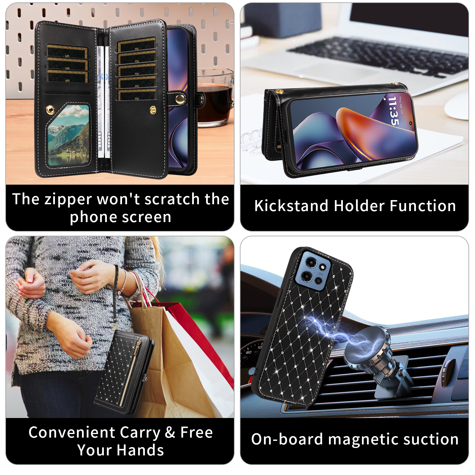 Asuwish Phone Case for Motorola Moto G 5G 2025 Zipper Wallet Detachable Cell Cover with Tempered Glass Screen Protector Crossbody Lanyard Strap Bling Glitter Flip Card Holder Slot G5G 5 G Women Black