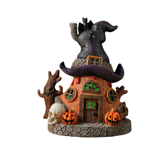 Halloween Witch Hat House Figurine, Resin Spooky Mini Halloween Village House with Bat Pumpkin Skull Ghost Tree, Tabletop Ornament for Indoor Home Mantel Halloween Party Decor
