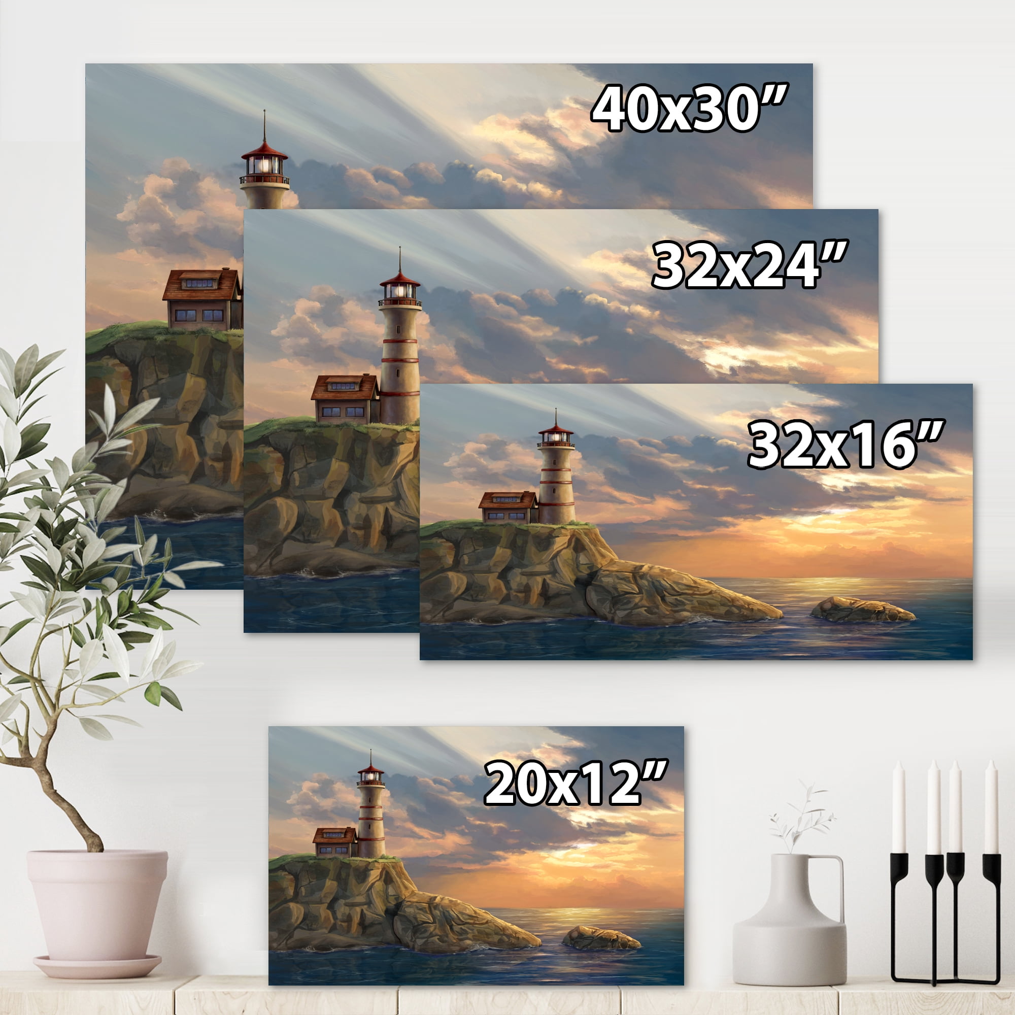 Designart ' Lighthouse On A Rocky Coastal Cliff At Evening Light ' Nautical & Coastal Canvas Wall Art Print