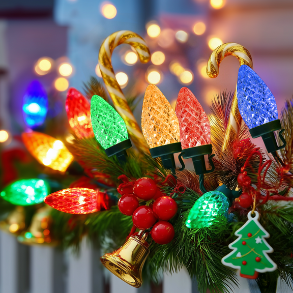 50 Multicolor BIG Bulbs Battery Powered C9 Christmas String Lights Outdoor, 24.6ft, 8 Modes, Timer, Waterproof Holiday Decoration Lights for Porch Tree Patio Party