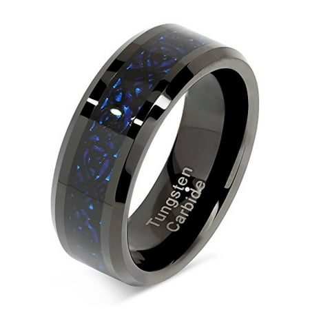 Tungsten Rings for Men Wedding Band Black Plated Celtic Dragon Inlaid Size 8-15