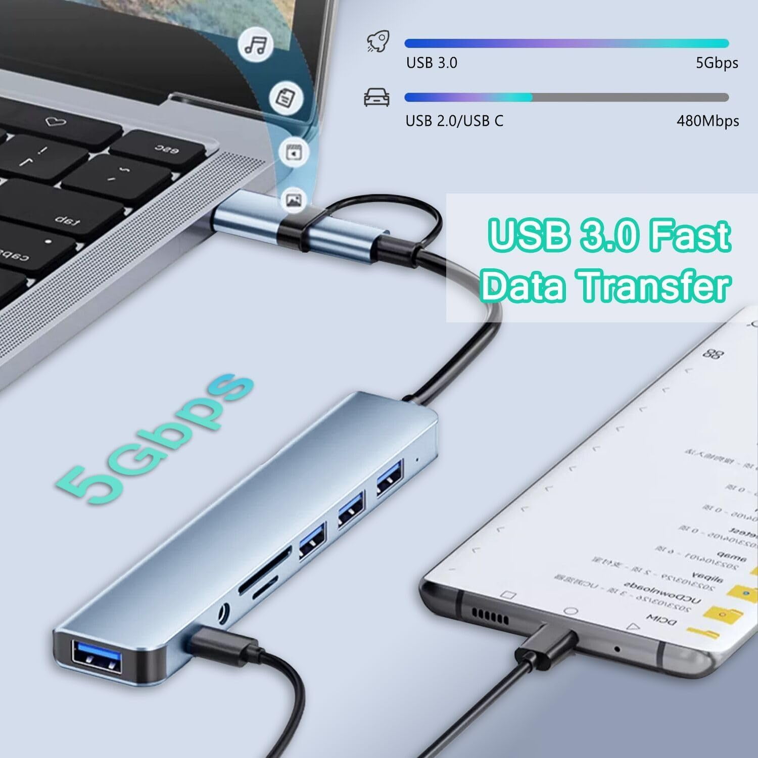USB C Hub USB Hub 3.0, Aluminum 8 in 1 USB Extender with SD/TF Card Reader, 3.5mm Aux Headphone Jack for MacBook Pro Air and More PC/Laptop/Tablet Devices