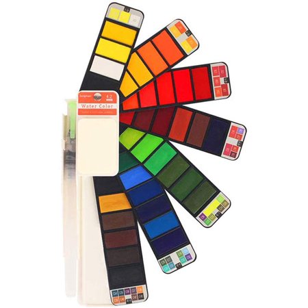 scriptract Watercolor Paint Set - 42 Assorted Colors Solid Pocket Travel Watercolor Kit, Foldable Art Painting Field Sketch Set with Water Brush for Artists, Kids, Beginners Outdoor Painting