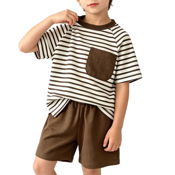 Zpanxa Boys Summer Outfits Toddler Boy Two Piece Outfit Striped Knit Short Sleeve Top Solid Shorts Outfit Set Coffee 0 Years