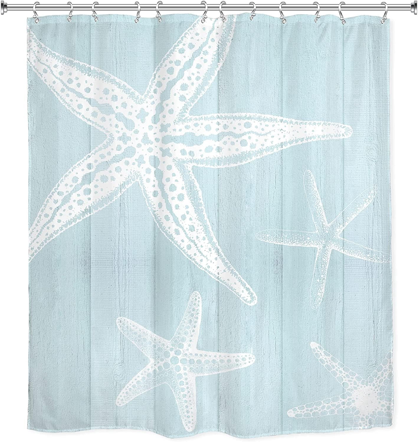 Beach Starfish Shower Curtain 72Wx72L Inch Coastal Farmhouse Nautical Vintage Country Wooden Plank Ocean Rustic Artwork Cloth Fabric Waterproof Polyester Bathroom Decor Set with 12 Pack Hooks