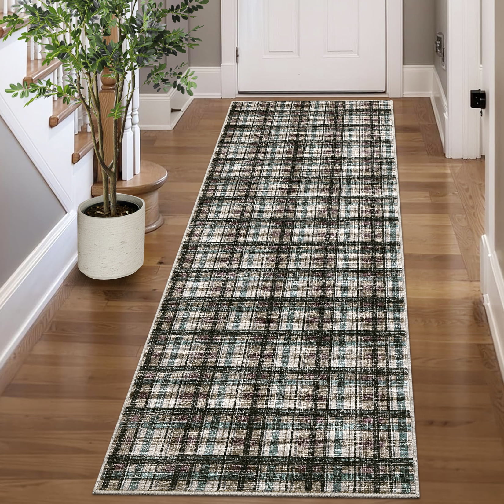 Garvee 2x6 Geometric Striped Runner Rug, Machine Washable Plaid Rugs With Non-Slip Backing Low Pile Stain Resistant Indoor Carpet for Hallway Kitchen Entryway Bathroom, Blue Green