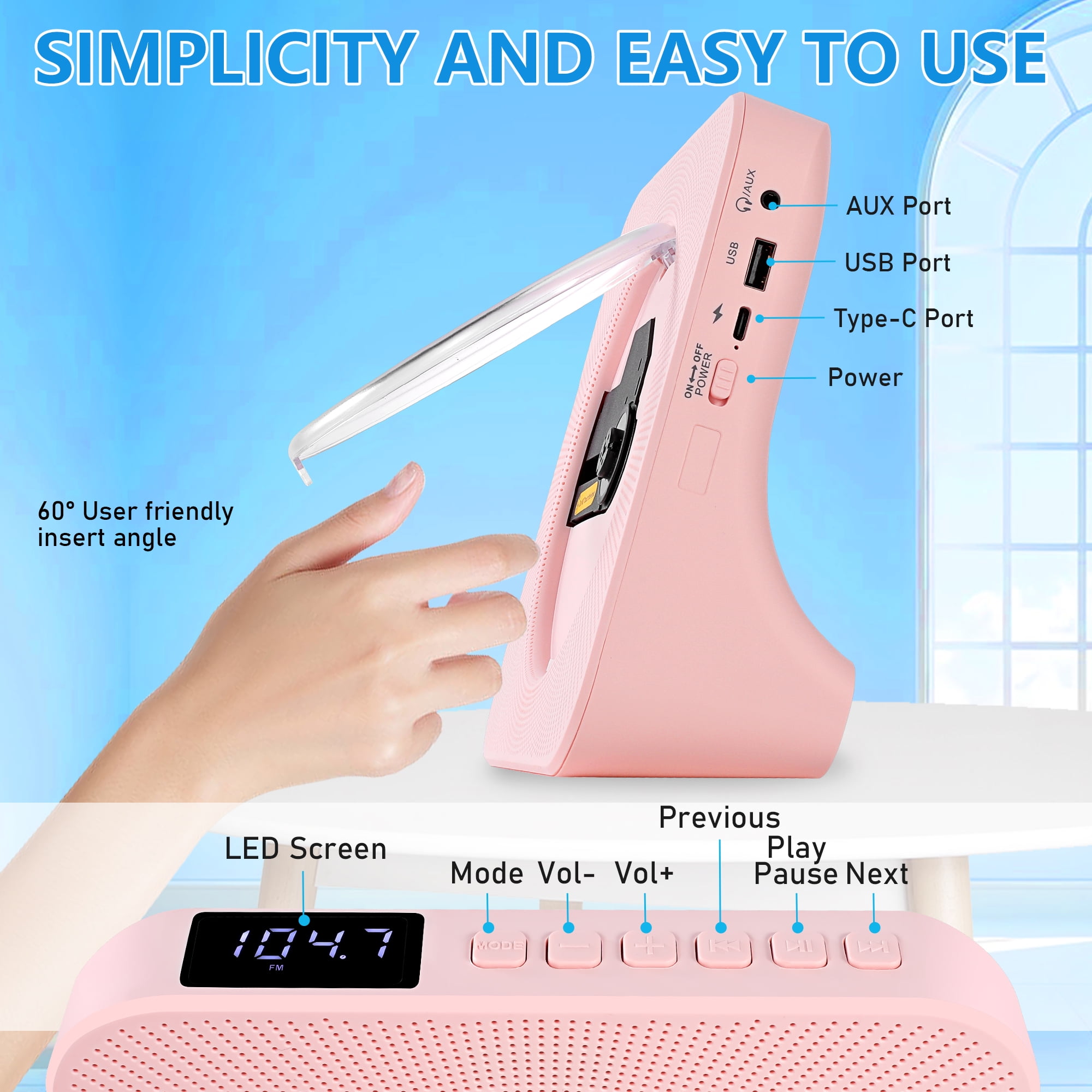 GJX Bluetooth CD Player with FM Radio/USB/AUX, Portable CD Player, Home Pink CD Music Player with HIFI Speakers, Remote Control, Dust Cover
