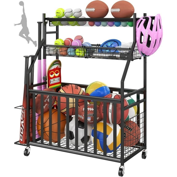 Garage Sports Equipment Organizer,Sports Ball Organizer with Wheels,Mesh Pocket, Basket,Ball Organizer with Baseball Bat Rack and HooksToy Storage Rolling Cart-Black
