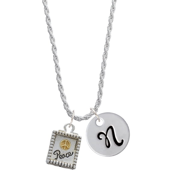 Delight Jewelry Two-tone Shadow Box ''Peace'' with Peace Sign Silvertone Script Initial Disc - N - Charm Necklace, 20"+3"