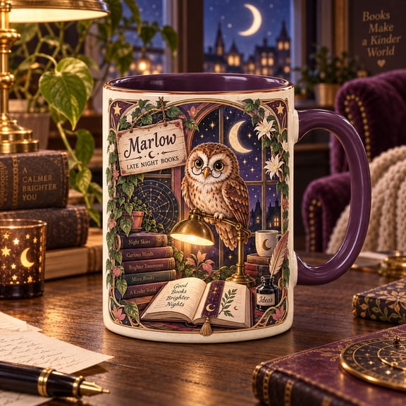 Coffee Mug, Personalized Owl and Books for Late Night Readers