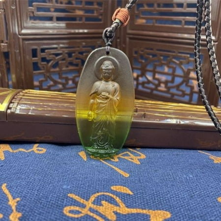 Antique Style Glass Amitabha Buddha Pendant Necklace Tri Color Crystal Standing Amulet Unisex Buddhist for Men or Women
