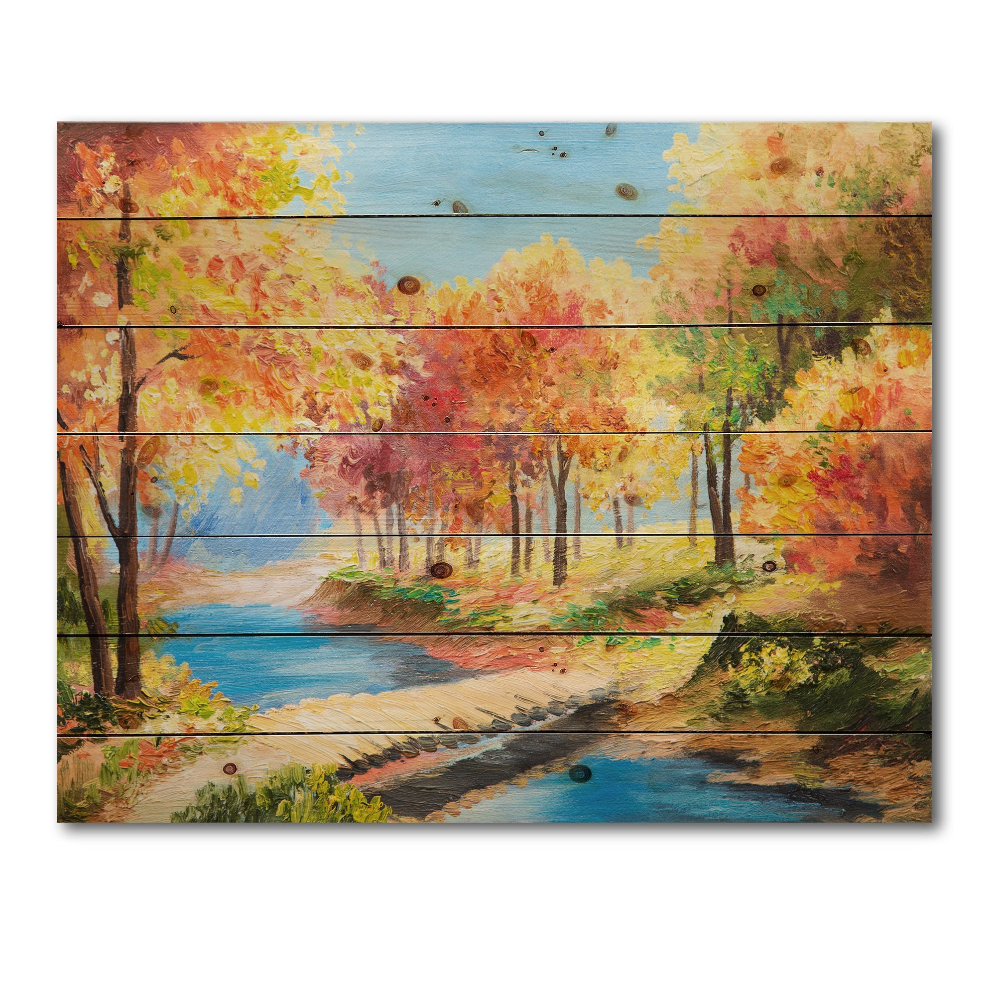 Designart 'Orange and Yellow Trees By The Riverside' Lake House Print on Natural Pine Wood