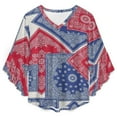 thumbnail image 4 of Red Blue Bandana Patchwork Women's V-Neck Blouse With 3/4 Ruffled Bell Sleeves Casual Top Ladies Blouses, 4 of 7