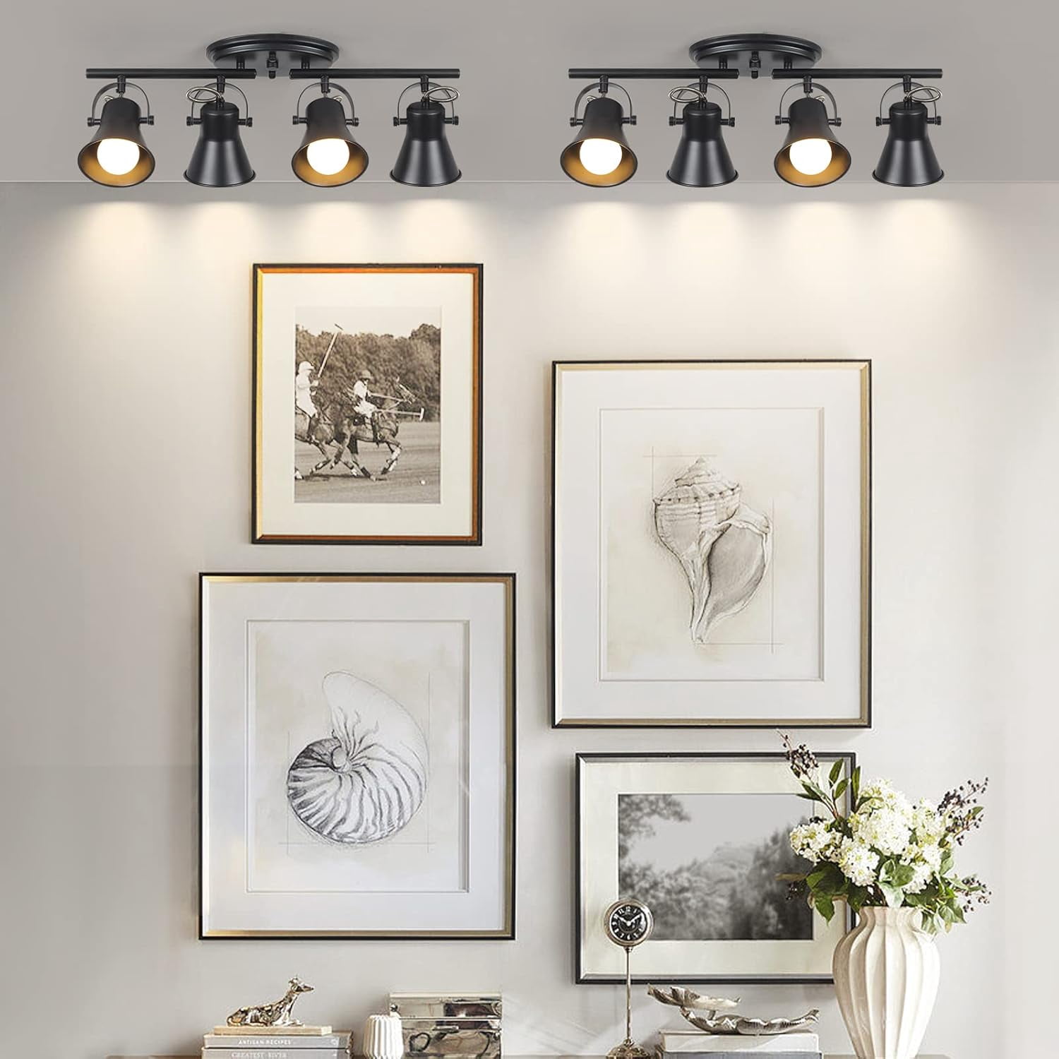 KEESFU 4-Light Industrial Track Lighting Fixture, Black Semi Flush Mount Ceiling Light with Adjustable Articulating Arms, Modern Accent Light for Living Room Kitchen Bedroom