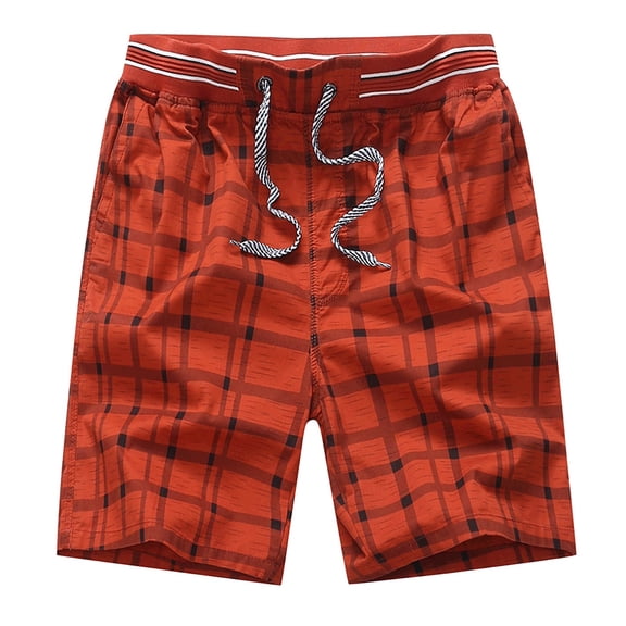 Qiyinn Men Summer Quick Dry Shorts Elastic Waist Drawstring Plaid Pattern Straight Leg Mid Length Casual Beach Vacation Sportswear for Young Adults