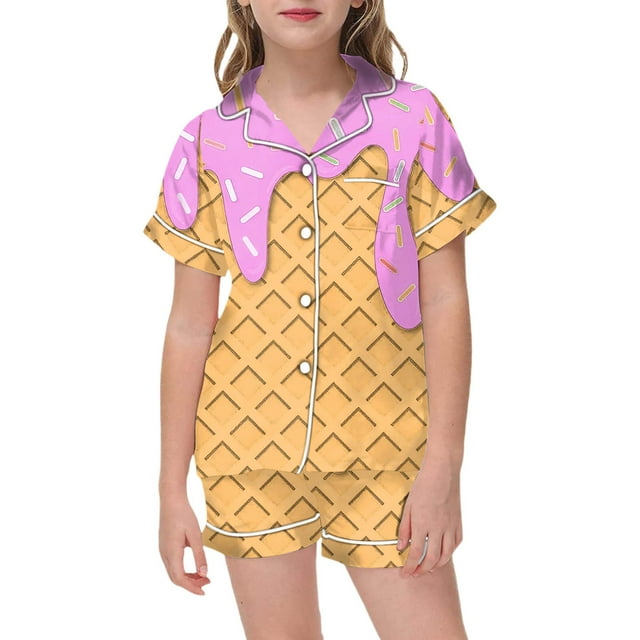 Icvfdpl Pyjama pour Enfants Filles 2 Pcs Imprimé Graphique Manches Courtes Chemise à Boutons Ensemble de Pyjama Respirant Fille Pjs, 8-9 Ans