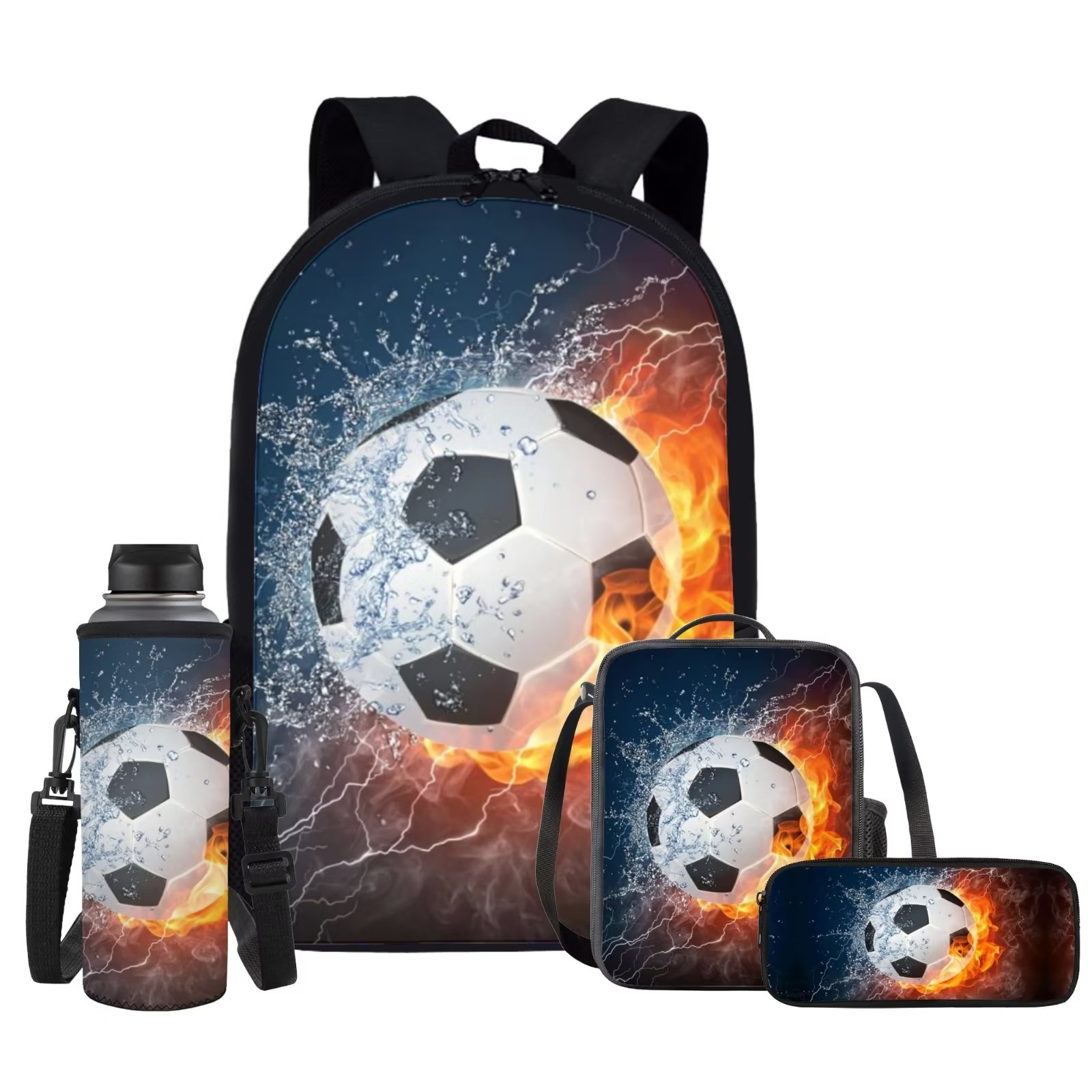Binienty Sport Flame Soccer School Bag with Lunch Bag for Boys Girls