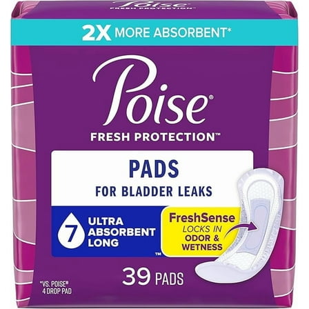 Poise Incontinence Pads and Postpartum Incontinence Pads 7 Drop Ultra Absorbency Long Length 39 Count Packaging May Vary