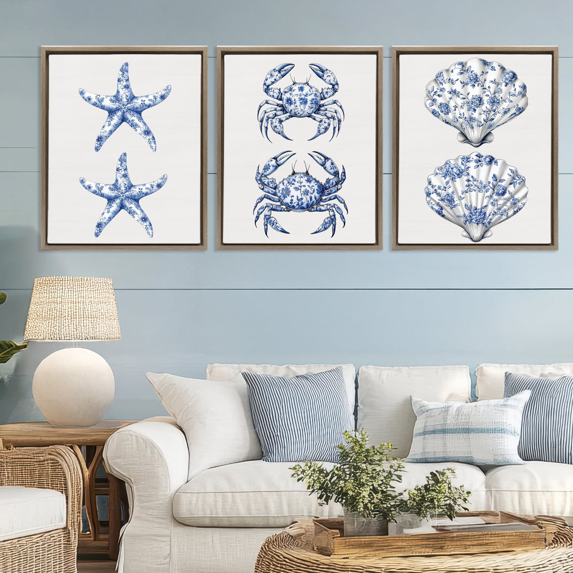 Vintage Toile Starfish & Crabs 3 Piece Brown Framed Floater Canvas Set, design by Lettered and Lined