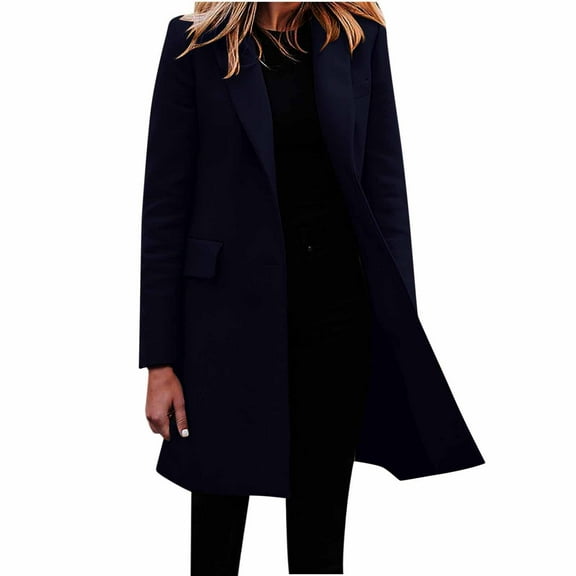 Herrnalise Women's Double Breasted Pea Coat Winter Mid-Long Trench Coat with Belt Navy,S