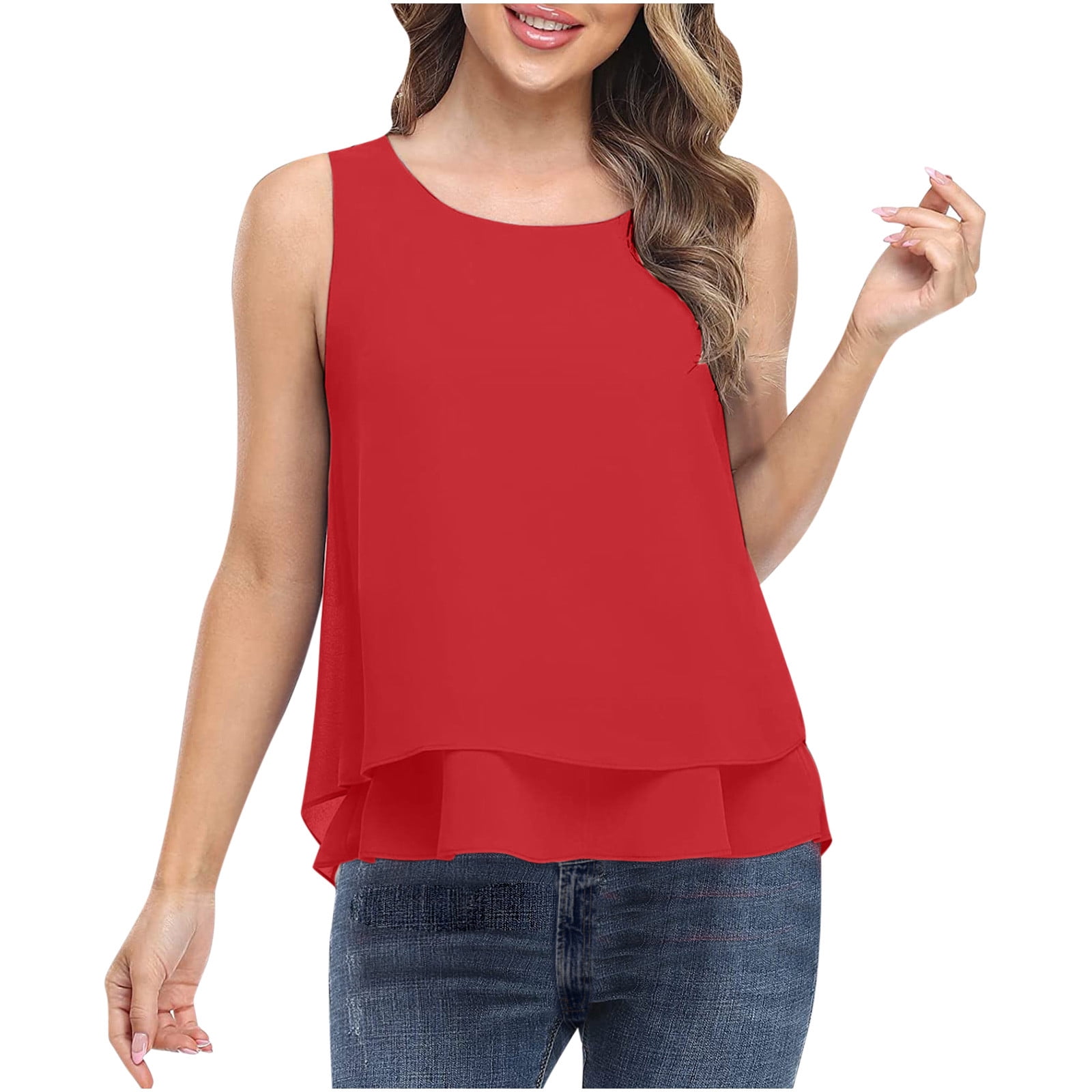 Women's Chiffon Layered Tank Tops Summer Casual Sleeveless Round Neck