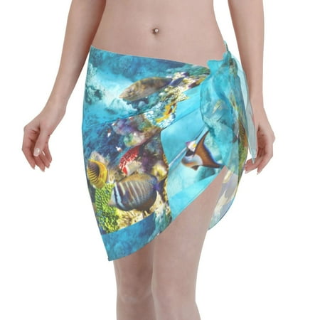 Coaee Corals and Tropical Fish Women s Short Sarongs Beach Wrap Sheer Bikini Wraps Chiffon Cover Ups for Beach  Swimming  Holiday