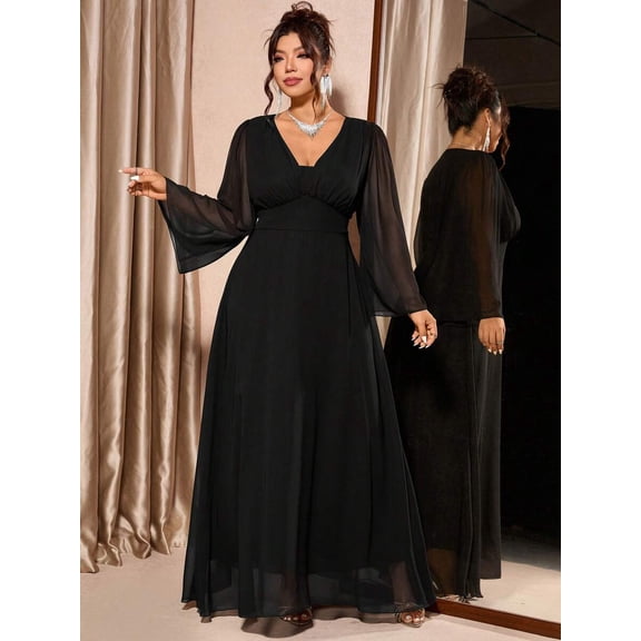 Black Plus Size V-Neck Flowy Long Sleeve Maxi Dress For Elegant Evening Party