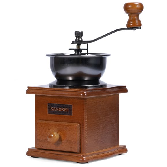 SANGKEE Molinillo de Café Manual con Muela de Cerámica Ajustable, Manivela de Acero Inoxidable y Cajón Recolector, Portátil para Viaje, Camping u Oficina, Rstilo Vintage