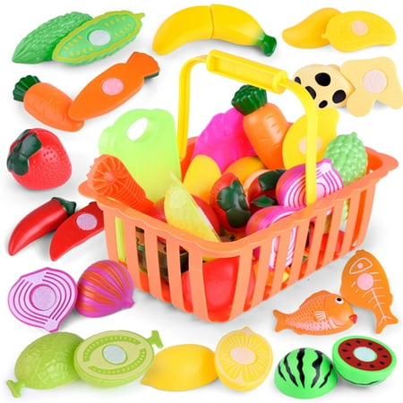 Justdolife Food Toy Set Realistic Fruits Vegetables Plastic Cutting Toys Kitchen Play Food Accessories Tools Educational Toys for Kids Boys (Best Fruits For Kids)